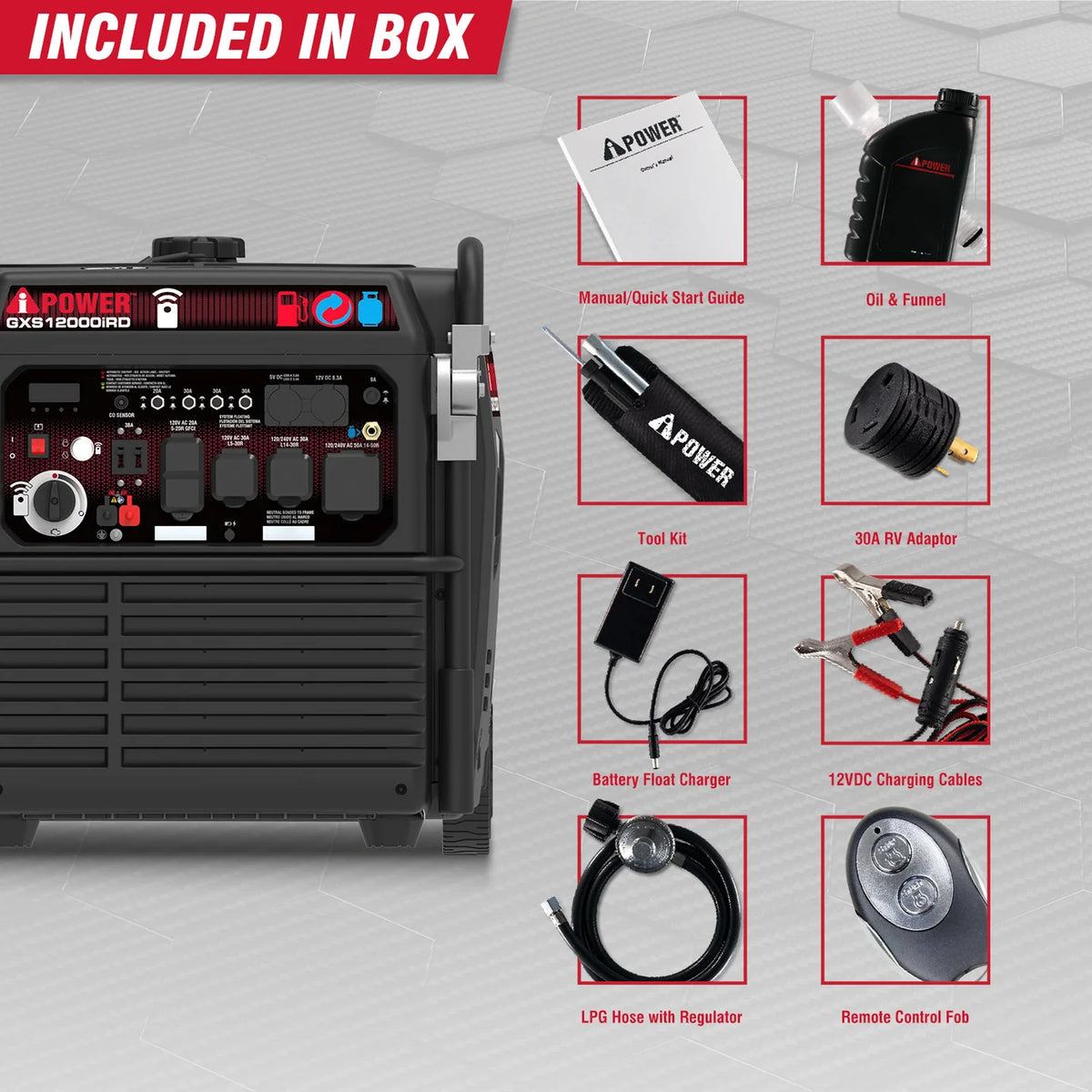 A-IPOWER  GXS12000iRD – Planta Eléctrica Inverter Dual Fuel 12,000W ( Electric Start Dual Fuel Gas and Propane - 50A Outlet)