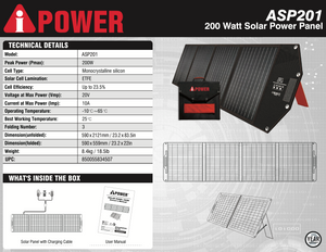 PLACA SOLAR A-iPower ASP201 | 200 Watts | IP67 Waterproof |