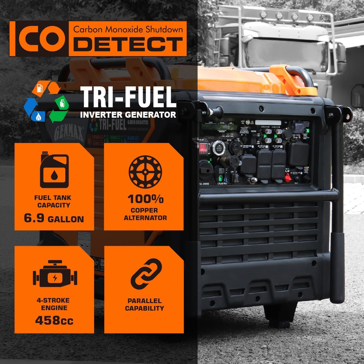 GENMAX 10,500W Super silencioso Tri-FUEL (Gasolina, gas propano, gas natural) 120 V/240 | V50A