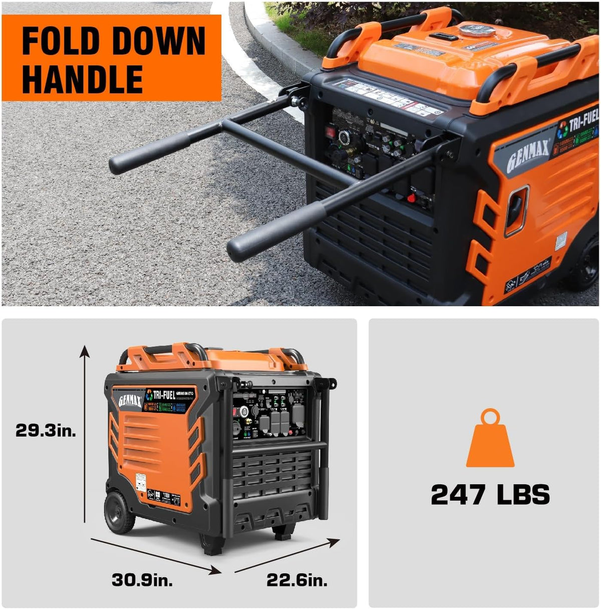 GENMAX 10,500W Super silencioso Tri-FUEL (Gasolina, gas propano, gas natural) 120 V/240 | V50A