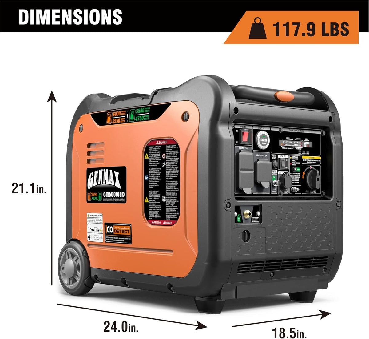 GENMAX 6,000W Super silencioso Dual (Gasolina, gas GLP)