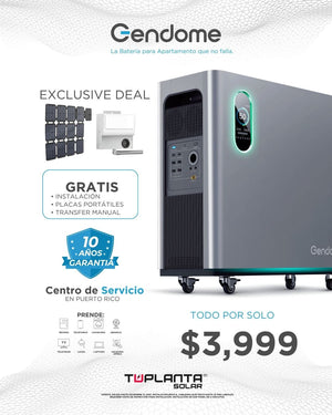 COMBO Gendome Home 3000 | 3,072 Wh / 3,000 W + Placa portátil de 200 Watts + Transfer Manual (Sub Panel) + Instalación*)