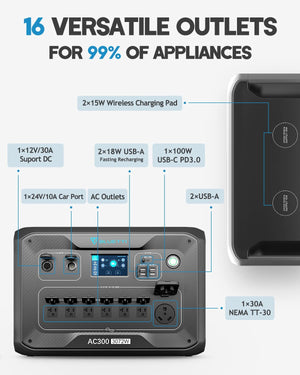 BLUETTI | Combo Inversor AC300 + Baterías de Expansión B300 de 3072 Wh + Placa solar 415 watts para casa o UC30 300 watts para apartamento.